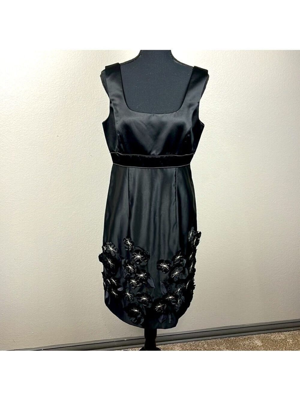 Chetta B Dress Black Satin Floral Applique Square Neck Back Zip Fitted Bodice 10